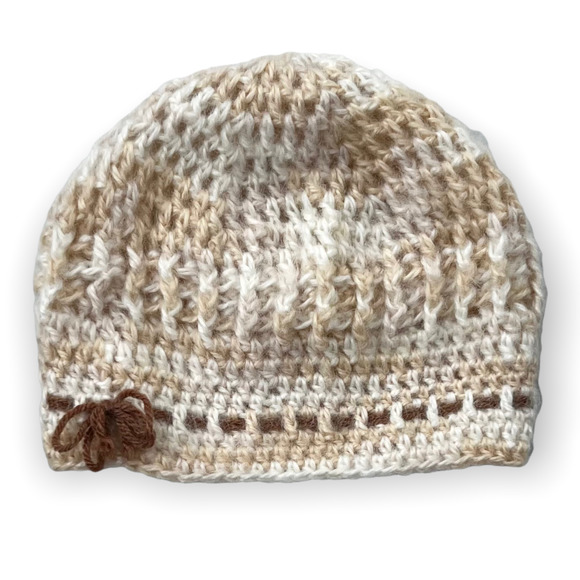 New Handmade Crocheted Girls Cream, Beige & Brown Winter Beanie Hat - Picture 1 of 7